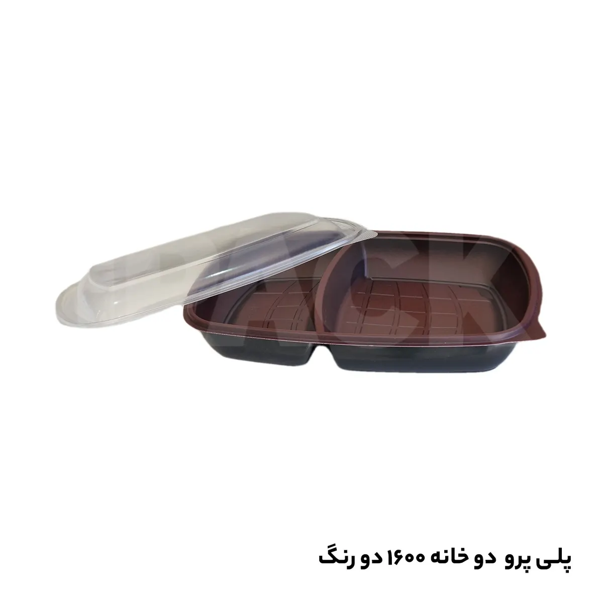 ظرف پلی پرو 1600 دوخانه دو رنگ مشکی زرشکی با درب شفاف (150 عددی)